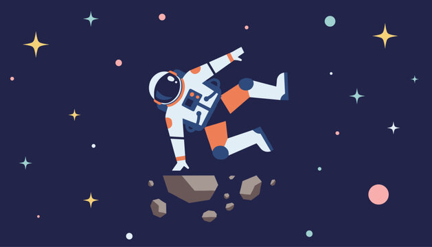 Adventurous cartoon astronaut balancing carefully on floating asteroids in outer space surrounded by colorful stars.