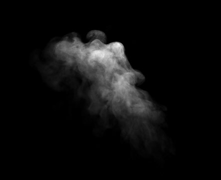 Realistic white smoke cloud isolated on a black background, featuring swirling vapor texture for visual effects, overlays, atmospheric compositions, motion graphics, creative design, and digital art.