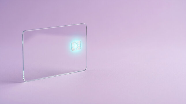 Transparent credit card with glowing chip on light purple background