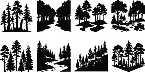 Fototapeta premium Forest Landscape Silhouette Collection with Woodland Trees, Nature Scenes and Scenic Path Vector Set