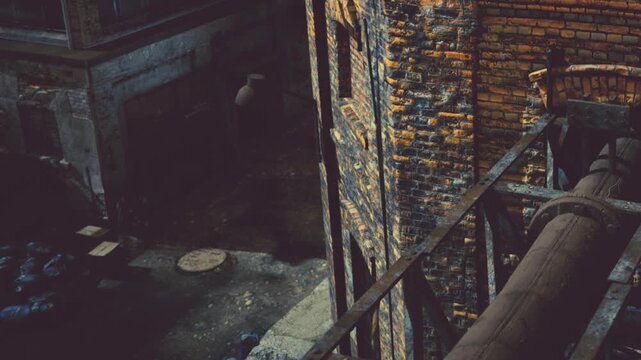 A view of an old factory building showing brick walls and shadows. The ground has some debris and a concrete manhole visible. Light falls on the structure from above.