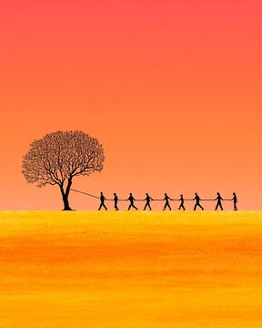 Vertical Symbolic textured silhouette illustration of a team working together, pulling a large barren tree across a field at sunset. Conceptual art for teamwork and environmentalism.