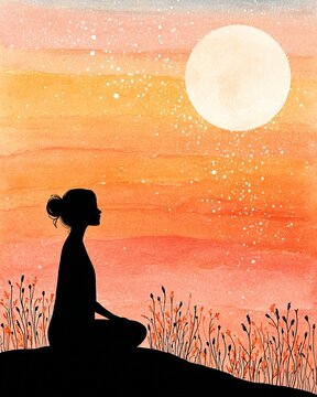 Vertical Textured watercolor and silhouette illustration of a woman in lotus pose meditating under a full moon on a tranquil hillside at sunset. Mindfulness and spiritual wellness concept.