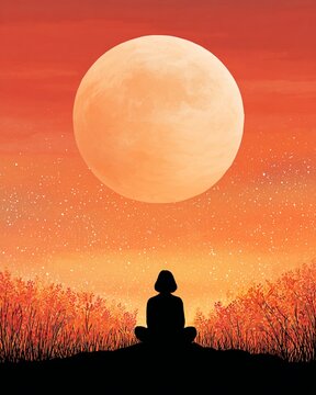 Vertical Warm tone gouache style illustration of a silhouette meditating in lotus pose, watching a giant harvest moon rise over a field under a starry orange sky for spiritual wellness.