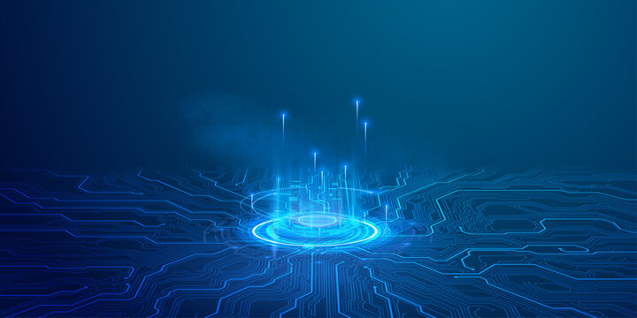 Futuristic electronic circuit plane with glowing blue portal center and digital information light beams.