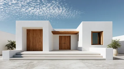 Modern white building with wooden doors under bright sky © AS_SleepingPanda