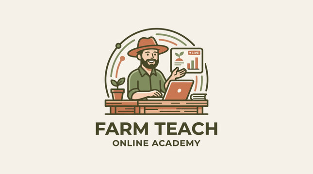 A man in a hat teaches online farming lessons with a laptop and graph.