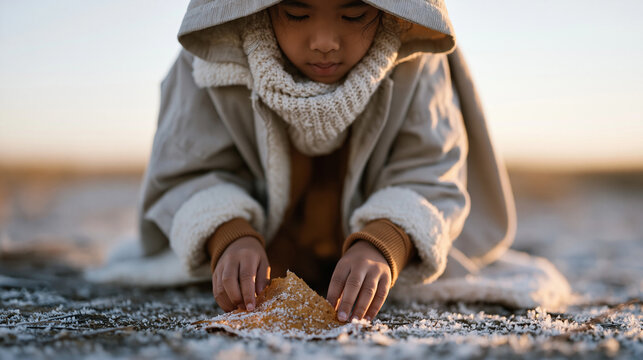 Child crouched at ground level examining frost crystals forming on fallen autumn leaf in desolate field at dawn, tiny fingers close to surface, macro world seen from child's