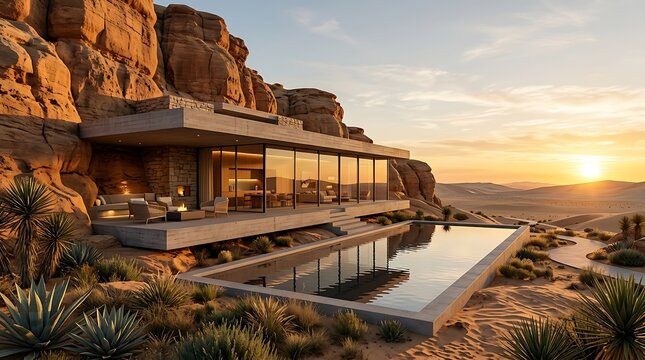 Modern luxury villa built into desert cliffs with infinity pool at sunset