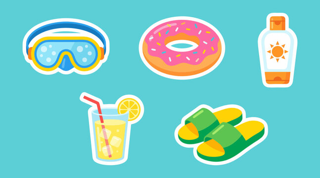 Colorful summer vacation vector sticker set featuring a diving mask a donut float sunscreen lemonade drink and bright green sandals