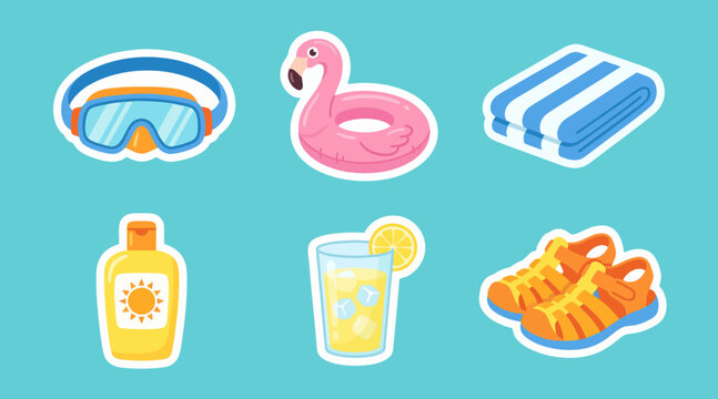 Colorful vector illustration set of essential summer vacation items featuring a flamingo floatie snorkel gear and refreshing lemonade beverage icons