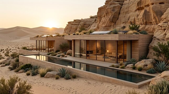 Modern Desert Retreat Architecture with Infinity Pool at Sunset in a Scenic Sand Dune Landscape