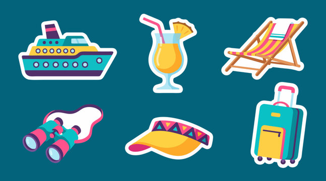 Colorful summer vacation vector graphic stickers featuring a cruise ship tropical cocktail beach chair binoculars sun visor and rolling suitcase