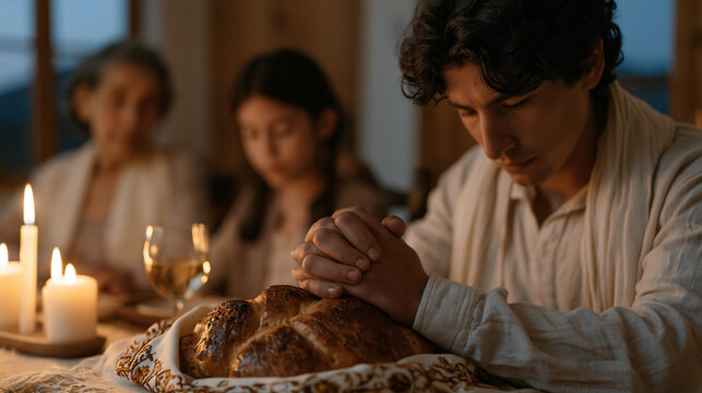 A multigenerational Colombian Jewish family gathered around a Shabbat dinner table at twilight, candles lit, challah bread under an embroidered cloth, wine poured, hands joined in