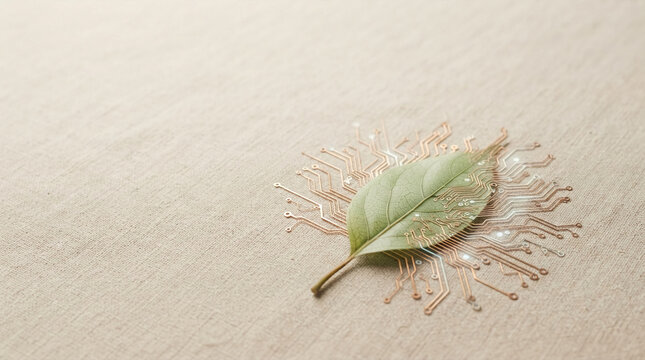Green leaf with integrated futuristic circuit board for eco-friendly technology concept