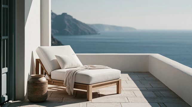 A neatly made bed sits by a large window overlooking a serene mountain landscape in soft morning light
