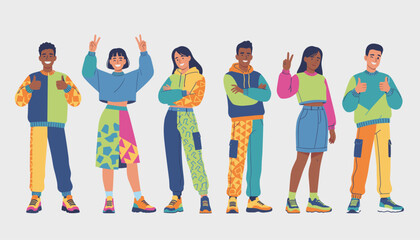 Obraz premium Diverse young men and women posing confidently in colorful retro streetwear clothing with patterns and vibrant designs.