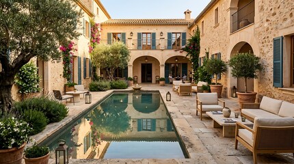 Fototapeta premium Luxurious Mediterranean Villa Courtyard Featuring a Serene Swimming Pool and Elegant Outdoor Lounge Area