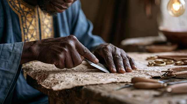 Weathered hands of a Nigerian saddler pressing a beveled edge tool into dampened vegetable-tanned leather at a cluttered workshop bench, bridle hardware and awls scattered nearby,