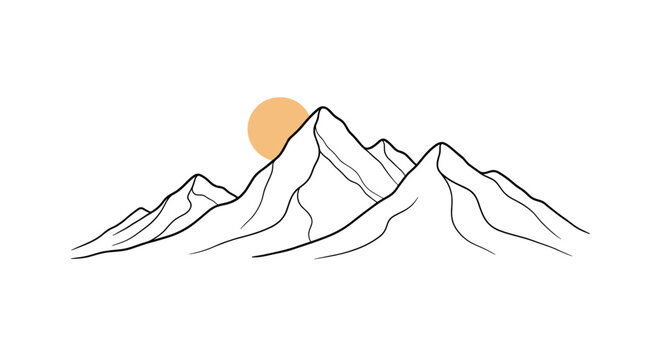 Minimalist line art contour drawing of majestic mountain peaks with a golden sun setting behind them in landscape.