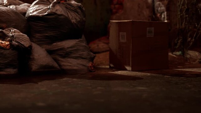 A group of black garbage bags is placed near a cardboard box in a dimly lit urban alley. The scene shows the dark and cluttered environment during the night.