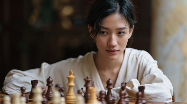 Vietnamese chess player staring at a losing position on the board pulling her piece back and choosing to forfeit a winnable side challenge rather than risk a worse outcome