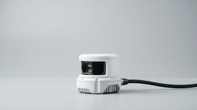 White lidar sensor device with cable on plain background for automotive industry