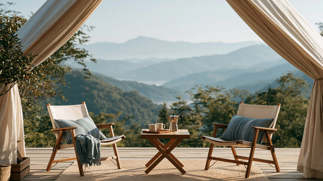A wooden deck overlooks a mountain valley under a clear sky