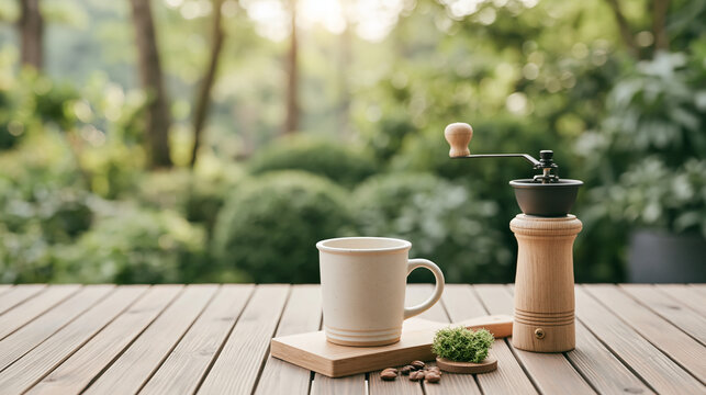 A wooden planter box with small green plants on a wooden deck