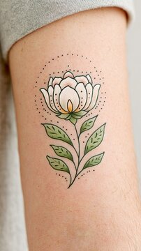 Vertical Illustrative dotwork floral tattoo of a delicate lotus flower with green leaves on a person's upper arm, showcasing modern body art for mindfulness and personal growth.