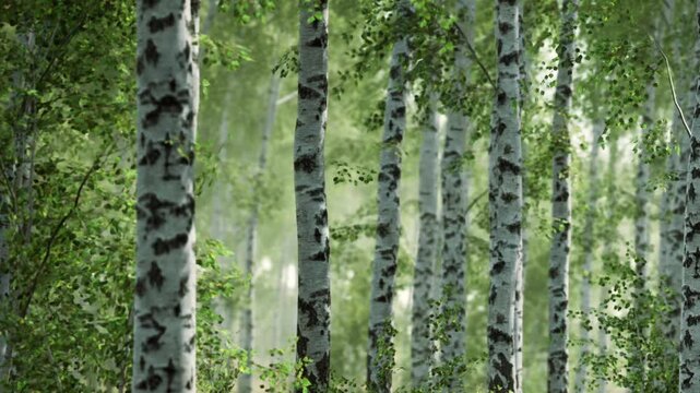 Many tall trees with white bark and lush green leaves fill the forest. Sunlight filters through the leaves creating a bright scene. This forest is vibrant with life.