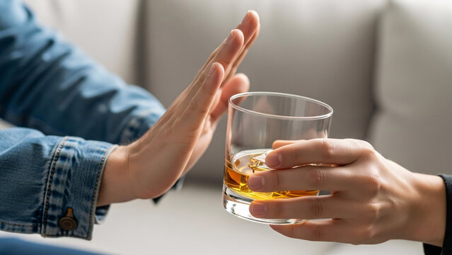 Close-up of a person refusing a glass of whiskey with a hand gesture in a social setting emphasizing moderation and responsible drinking habits