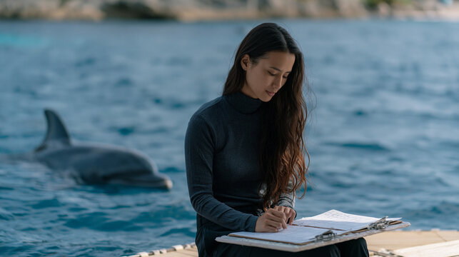 Filipino marine mammal trainer seated on a research platform reviewing behavioral observation charts while a bottlenose dolphin surfaces nearby at a marine science facility,