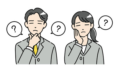 Obraz premium 疑問を感じるスーツを着た若い男女のイラストセット 正面