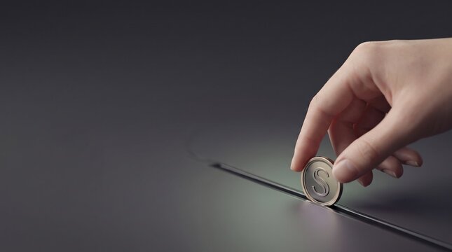 A hand inserts a metallic coin with a dollar symbol into a dark slot representing financial investment savings and digital currency growth concepts