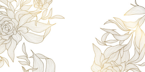Fototapeta premium Luxury floral background with elegant golden line peonies, leaves, botanical ornament Chinese and Japanese art. Wedding invitations, greeting card, packaging, wallpaper, banner, corners