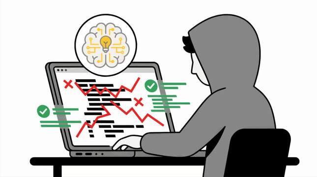 Flat Vector Illustration of a Programmer Debugging Code on a Laptop, Showing Error Messages and Progress Graph, with an AI Brain Icon Symbolizing Innovation and Problem Solving, White Background
