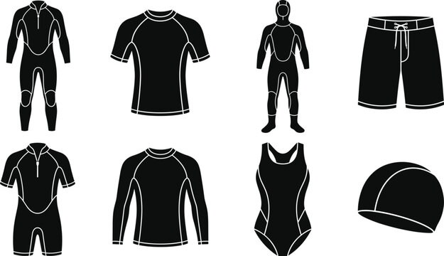 Swimwear and Water Sports Clothing Icons for Surfing, Diving, and Aquatic Activities