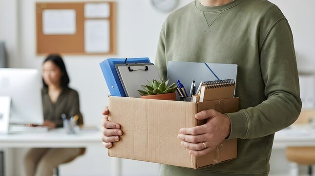Professional employee holding a cardboard box filled with personal office supplies while leaving his workplace after being fired from job