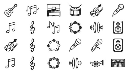 A collection of various music icons and symbols are displayed on a white background. © sarawat