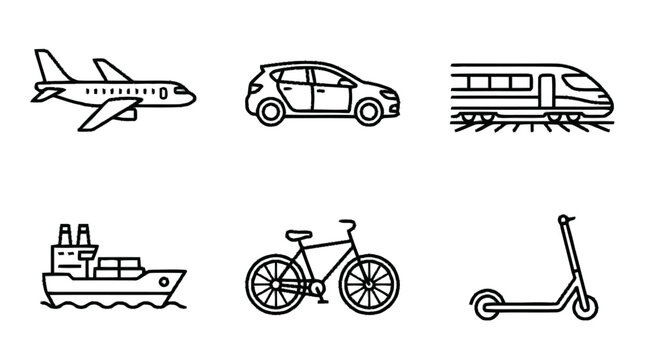 Various transportation modes including airplane, car, train, ship, bicycle, scooter