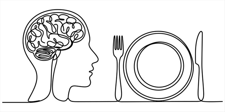 Continuous line drawing of human head brain and empty plate