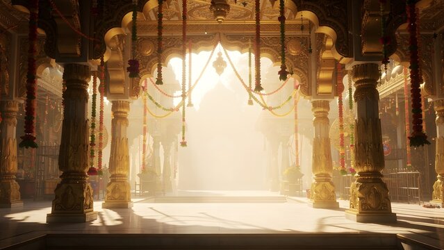 Opulent golden Indian temple interior adorned with flower garlands during a bright spiritual festival