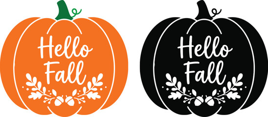 Hello fall pumpkin graphic with leaves and acorn design isolated on transparent background © Shipu