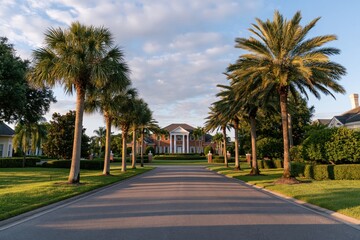 Fototapeta premium The Palm-Tree Lined Driveway Leading to a Grand Suburban Estate