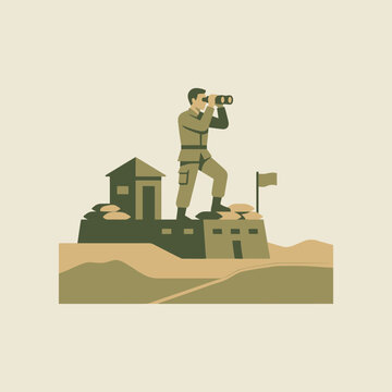 A soldier stands on a military outpost looking through binoculars