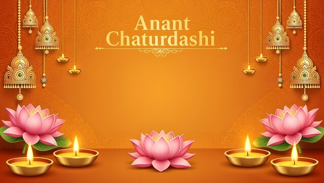 Anant Chaturdashi festival background with lotus flowers, diyas, and traditional hanging decorations for Hindu worship