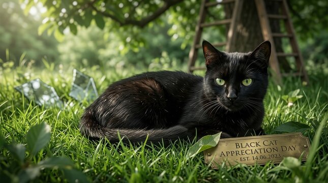 Black cat resting in a grassy garden