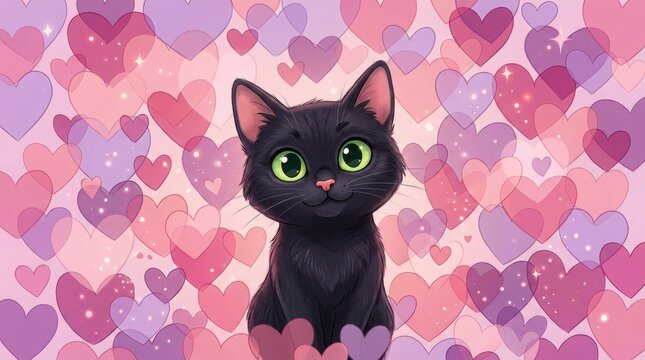 Adorable black kitten surrounded by pink and purple hearts