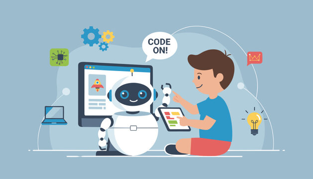Smart boy using a digital tablet to program and code a cute white robot assistant with screens and code-related icons.